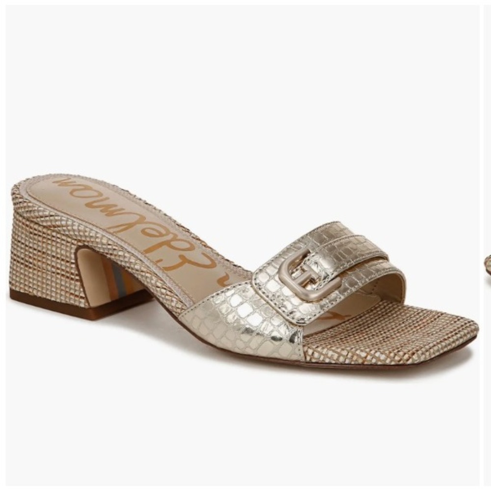 Sam Edelman Metallic Gold Croc-Embossed Block Heel Sandals